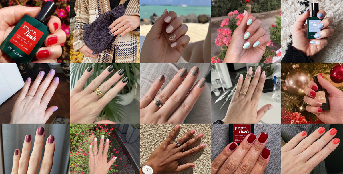 A collage of 16 images showing hands with various nail polish colors and nail art, including red, pink, green, blue, and neutral shades, with some hands holding nail polish bottles or posing outdoors.