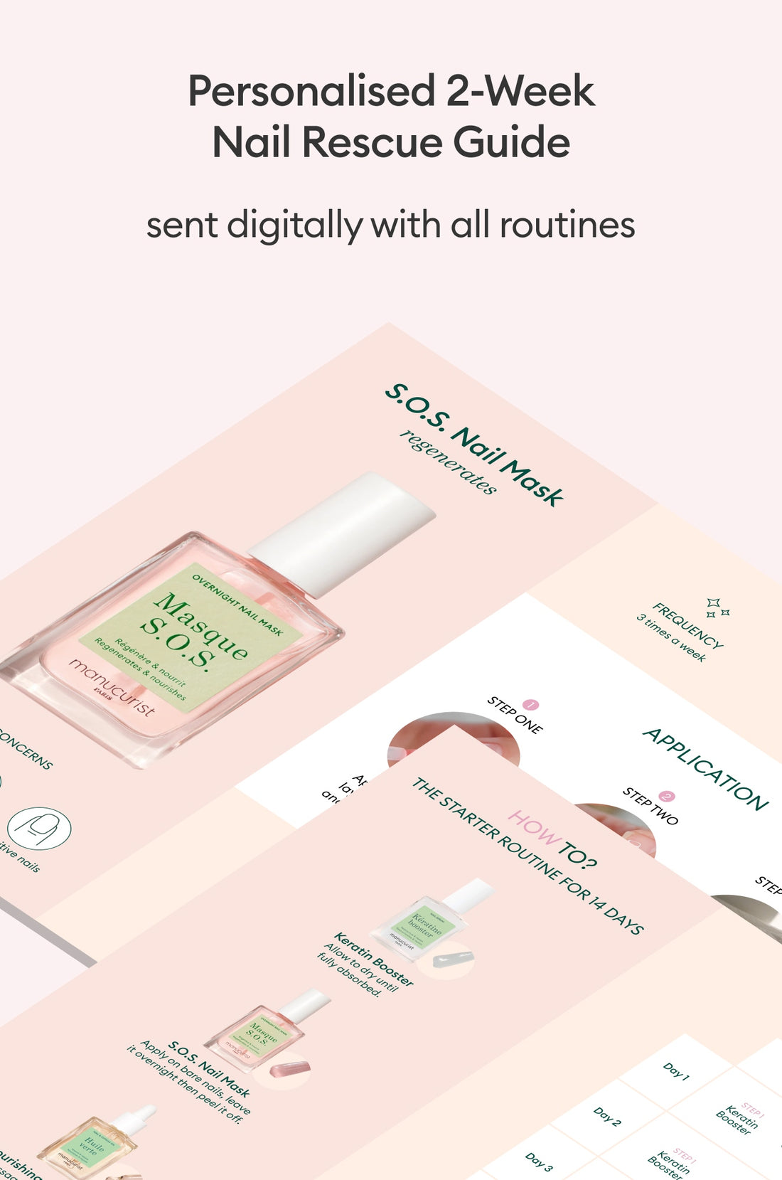 A promotional graphic for a digital 2-week nail rescue guide, featuring images of nail care products and text about an S.O.S. nail mask, application steps, and personalized routines.