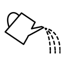 Simple black outline of a watering can tilted, pouring out water, illustrated with dashed lines, on a plain light background.