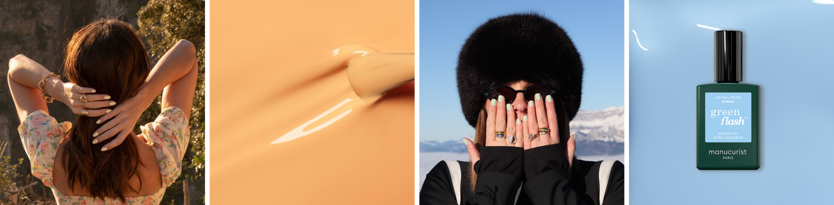 A collage of four images: a woman outdoors with hands on her head, a brush applying nude nail polish, a person in a furry hat covering their face, and a green bottle of nail polish labeled green flash.