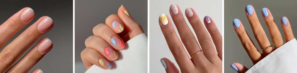 Four hands with different manicure styles: sheer pink with blue tips, pastel color blocks, white nails with colorful dots and smiley faces, and light blue nails with oval pink and blue accents.