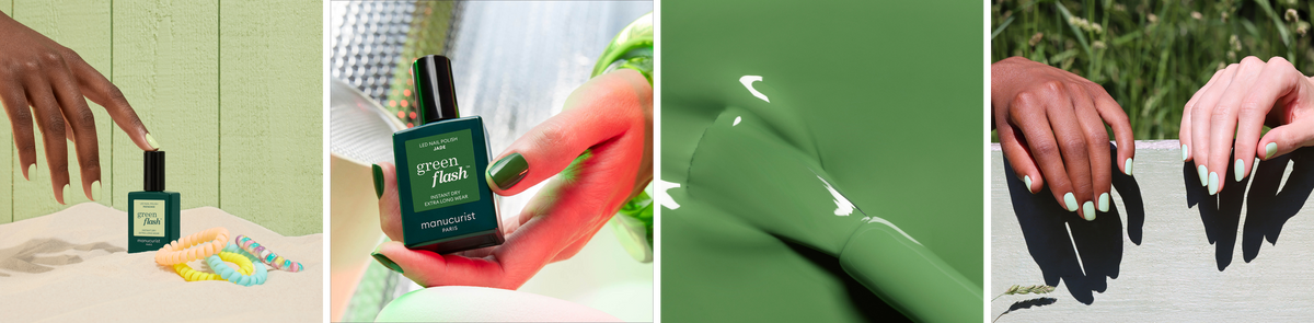 A collage shows green nail polish: a bottle beside pastel hair ties, a hand holding a bottle, a close-up of polish spilling from a brush, and hands with painted nails resting on a white surface.