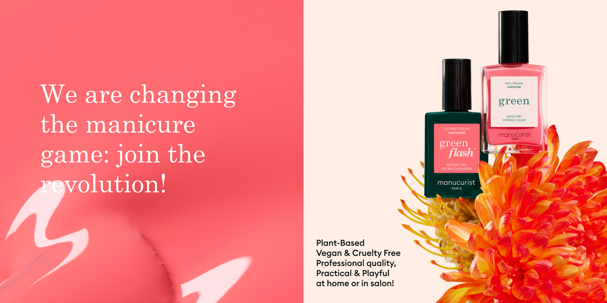 Two colorful bottles of Manucurist Green Flash nail polish sit on an orange flower against a white background. Text on a pink background reads, We are changing the manicure game: join the revolution!.