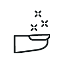Simple line drawing of a hand held palm up with four small x-shaped sparkles above it, suggesting cleanliness, care, or sprinkling.