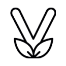 A simple black outline of the letter V above two overlapping leaves, resembling a plant or vegan symbol, on a light gray background.