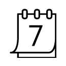 A simple line drawing of a calendar page displaying the number 7, with three rings at the top, indicating a date or appointment.