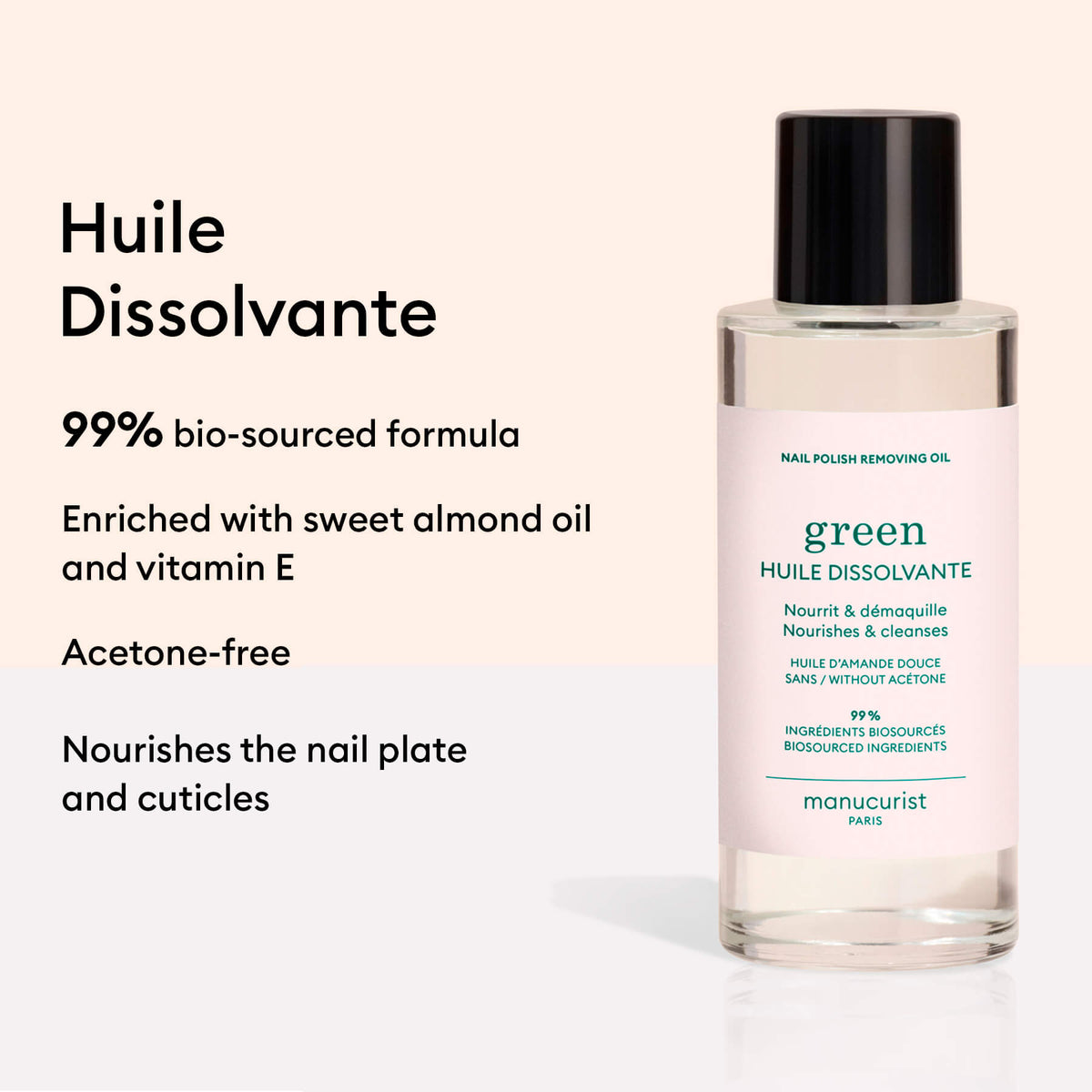 A bottle of Manucurist Nail Polish Removing Oil is shown next to text highlighting its 99% bio-sourced, acetone-free formula with sweet almond oil and vitamin E for gentle nail polish removal and cuticle nourishment.
