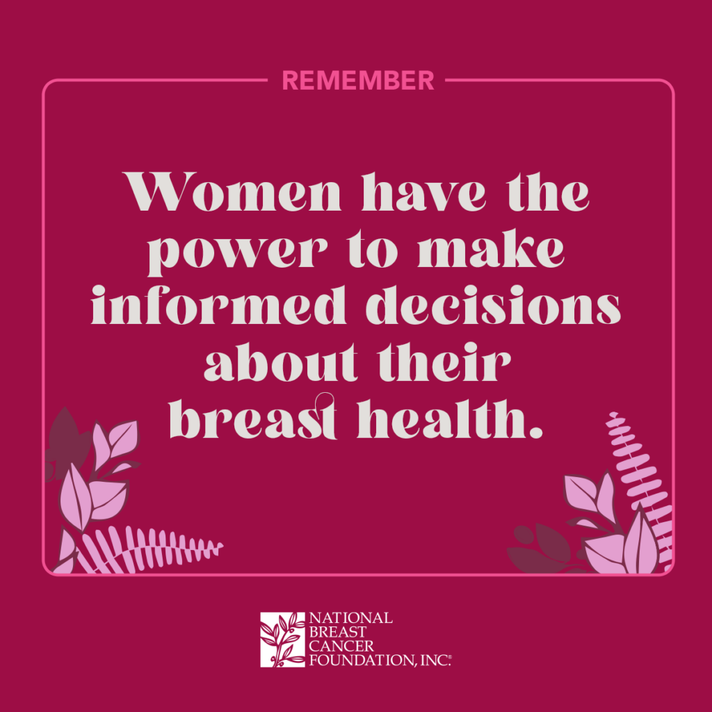 Visuel rose avec texte : Les femmes ont le pouvoir de prendre des décisions éclairées concernant leur santé mammaire. Feuilles décoratives aux coins et logo de la National Breast Cancer Foundation, Inc. en bas.