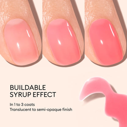 Three fingers display Manucurist Sugar Plum Jelly nail polish in 1–3 layers for a buildable syrup effect. Achieve sheer to semi-opaque, translucent color with long-lasting wear.