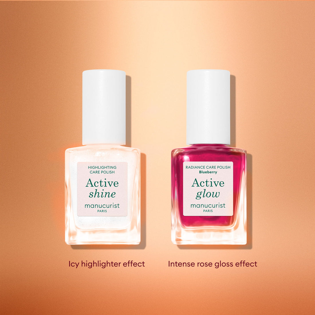 Two bottles of Manucurist’s Active™ Travel-Size Duo are displayed on a peach-toned background: the left features the white “Active Shine” and the right showcases pink “Active Glow.” Captions read “Icy highlighter effect” and “Intense rose gloss effect.” This set is perfect as a holiday gift or an addition to your nail care routine.