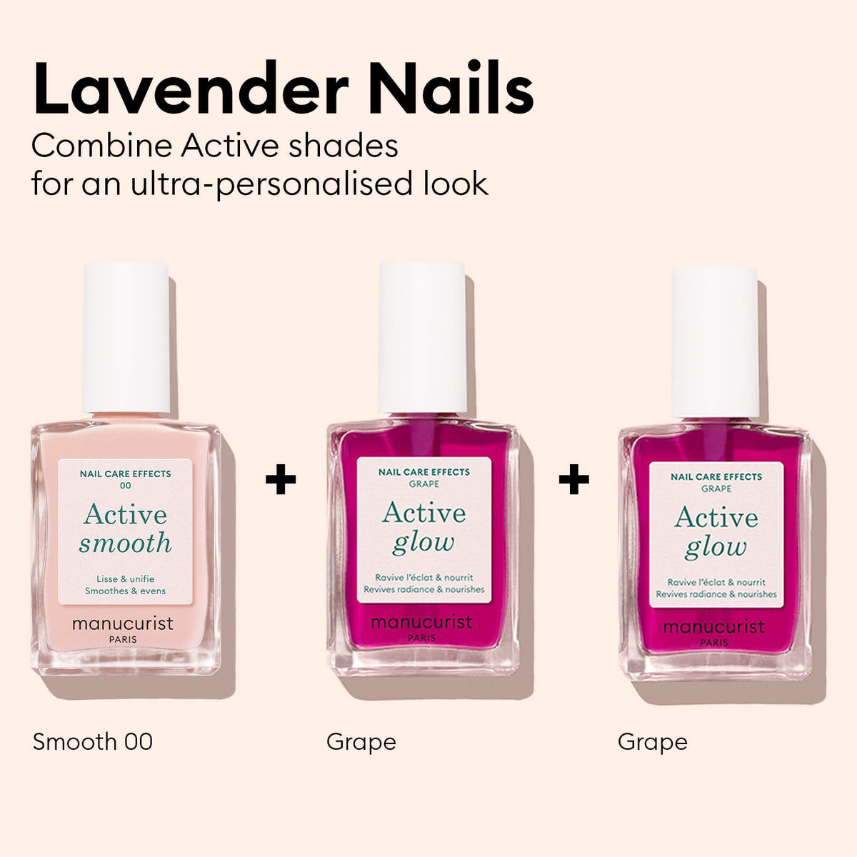 Three bottles of nail polish labeled Active Smooth (light pink) and two Manucurist Active™ Glow Grape (purple) are displayed under the heading Lavender Nails, with instructions to combine shades for a personalized look. Achieve a natural shine and elevate your nail care routine by blending these beautiful tones or adding a touch of Manucurist Active™ Glow Grape for a unique finish.