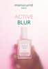 A translucent bottle of Leaflet Active™ Blur nail polish by Manucurist-test, with a white cap, is centered against a pink, softly blurred background. Above it are the words “Manucurist-test” and “Leaflet Active™ Blur.”.