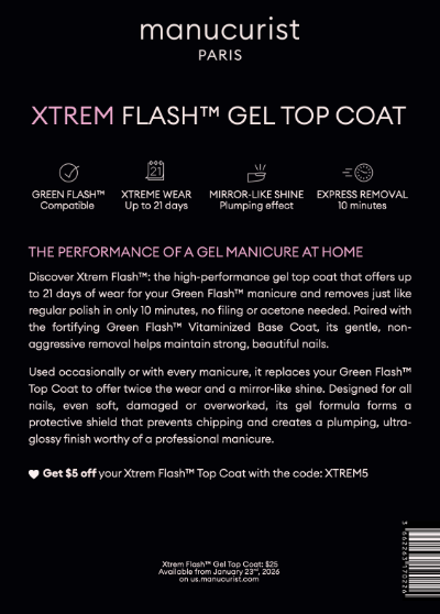 Une affiche promotionnelle pour le Leaflet Xtrem Flash™ Manucurist-test, mettant en avant une tenue de 21 jours, un brillant effet miroir, un retrait express, un code de réduction de 5 $, et les détails du produit en bas.