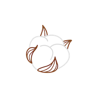 Simple line drawing of a cotton boll with three white fluffy segments and brown outlined stems and bracts, set against a plain white background.