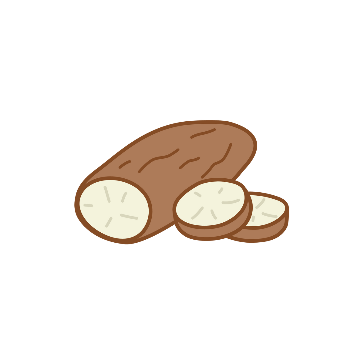 A simple illustration of a whole yam with two round slices in front, showing the light-colored interior and brown outer skin, on a plain white background.