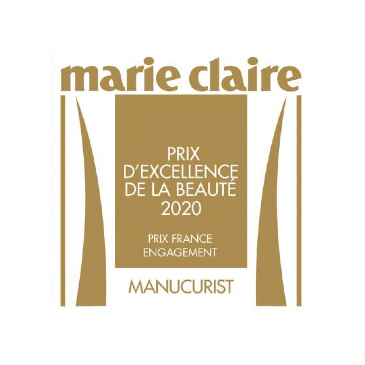 A gold and white award graphic featuring the Marie Claire logo and text: Prix d’Excellence de la Beauté 2020, Prix France Engagement, Manucurist.