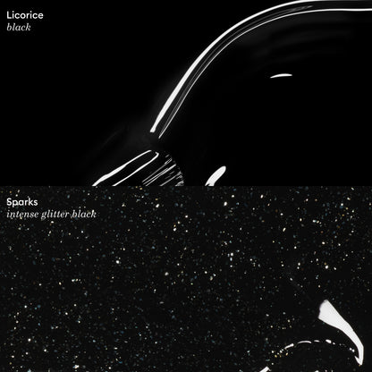 Top half: Shiny, smooth black surface labeled “Licorice—black.” Bottom half: Manucurist Sparks—an intense glitter black nail polish with fine, sparkling specks.