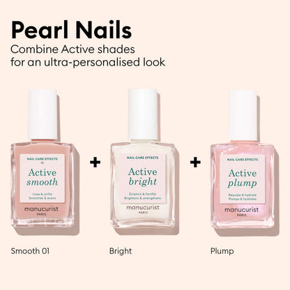 Three Manucurist nail polish bottles labeled Active™ Smooth 01, Active Bright, and Active Plump are displayed side by side against a light background, showcasing the benefits of CC Polish Treatment for plant-based nail care. The text encourages mixing shades to create personalized pearl nails.