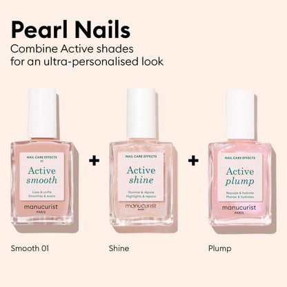 Three nail polish bottles labeled Active™ smooth, Active™ shine opal, and Active™ plump are shown in a row with plus signs between them. Text above reads, Manucurist: Combine plant-based nail polish Active™ shades for an ultra-personalised look and take your nail care routine to the next level.