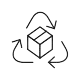 A simple line drawing of a box surrounded by three curved arrows forming a triangle, symbolizing recycling or reuse of packaging.