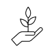 A simple black outline of a hand holding a small plant with three leaves, symbolizing growth, care, or environmental stewardship.