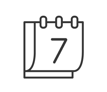 A simple line drawing of a calendar page displaying the number 7, with three rings at the top, symbolizing a date or day of the month.