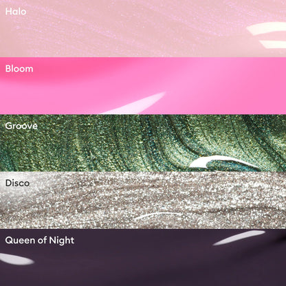 Cinq swatches horizontaux des collections de couleurs sélectionnées de Manucurist : Halo (rose clair scintillant), Bloom (rose vif), Groove (vert scintillant), Disco (paillettes argentées) et Queen of Night (violet profond) — pour des manucures tendance qui se démarquent.