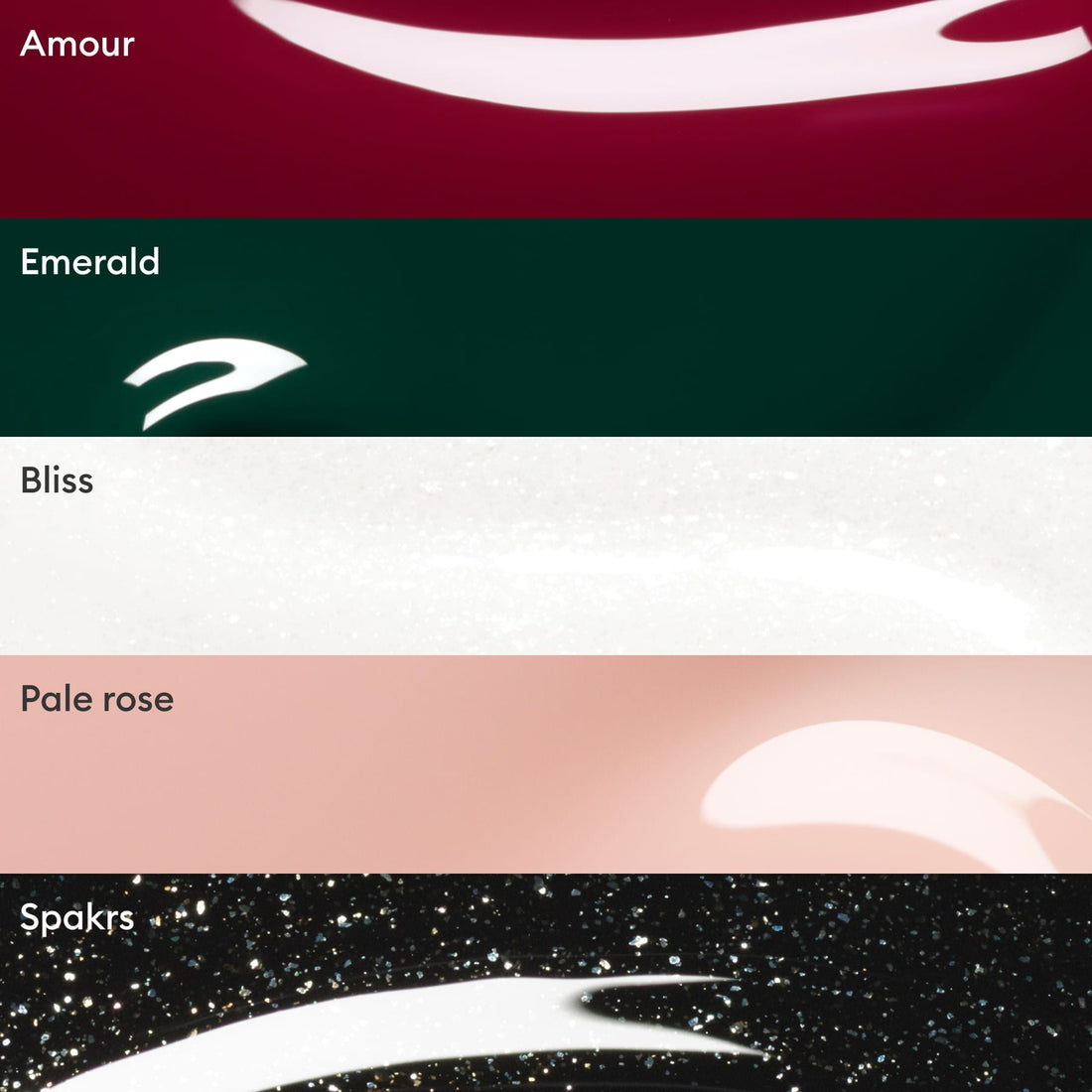 Five horizontal swatches of Manucurist’s Customizable 5-pack gel nail polish, labeled Amour (red), Emerald (green), Bliss (white), Pale Rose (pink), and Sparks (black with glitter), each shown as a brushstroke to highlight the color. These shades pair perfectly with our Green Flash gel polish collection and can be easily removed with an acetone-free nail polish remover.