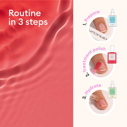 Graphic titled Routine in 3 steps features a pink water texture and guides: 1. Prep nail with clear solution, 2. Apply treatment polish, 3. Hydrate for healthy nails using the Super Ultimate Active Manicure Kit by Manucurist.
