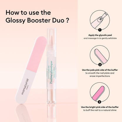 The Manucurist Prep  Glow Routine, featuring a pink and white nail buffer and clear glycolic peel pen, stands upright on a peach background with illustrated instructions for exfoliating, buffing, and achieving naturally glossy nails.