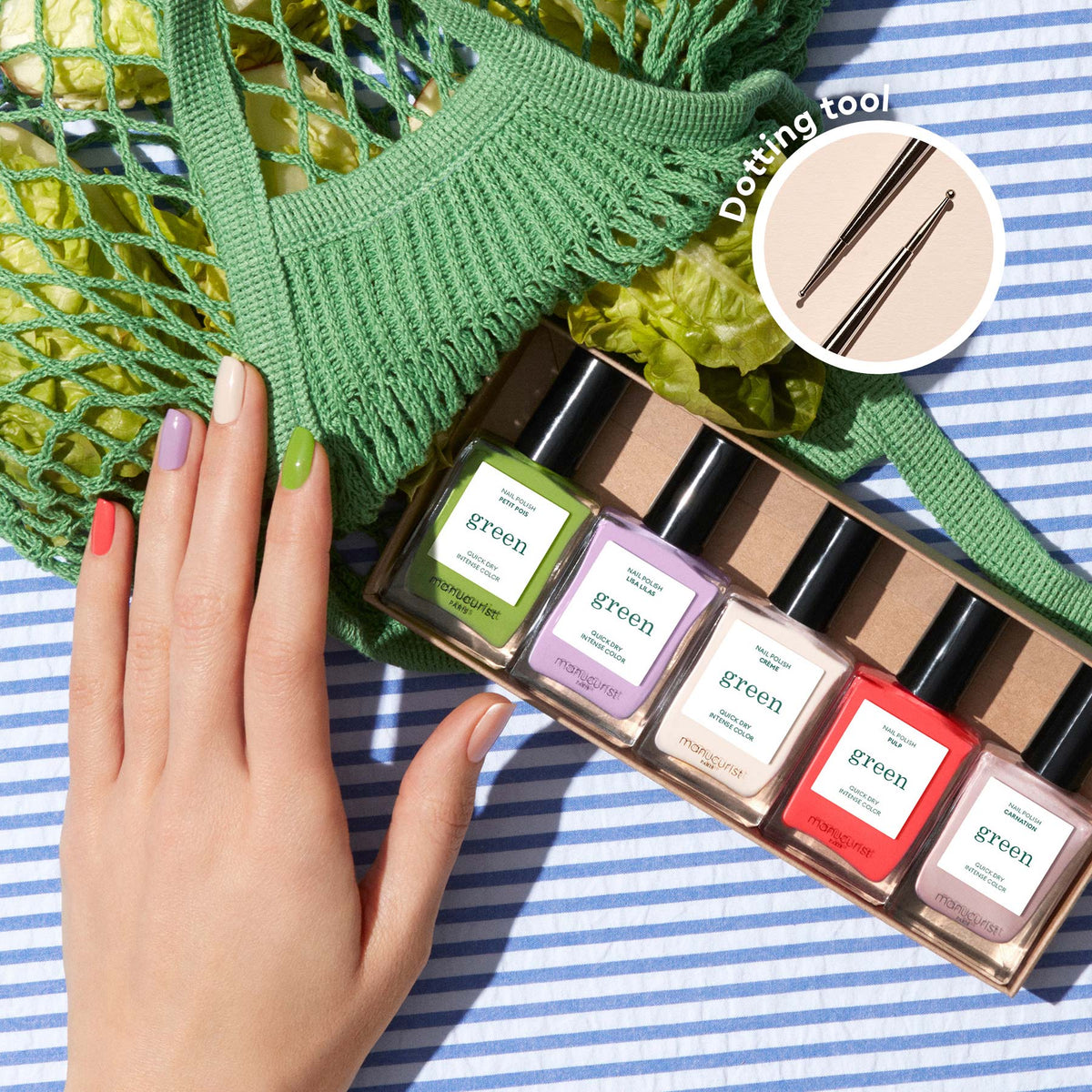 A hand with pastel nails rests on stripes near a Manucurist Green Flash polish set, a green knitted bag with lettuce, and an inset of the Dot it better! dual-ended dotting tool for creative nail art.