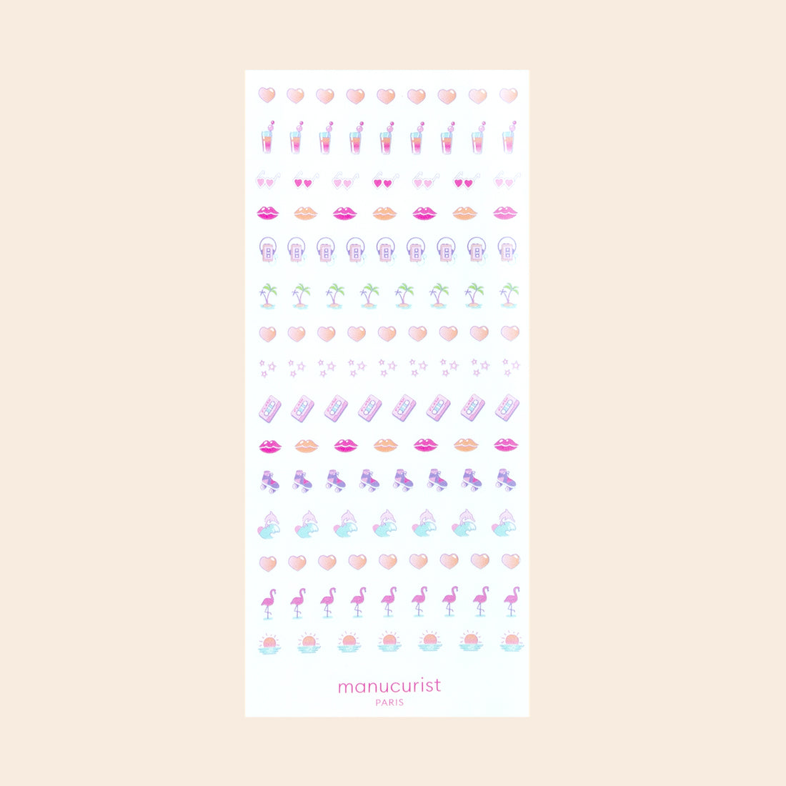 Colle des motifs vibrants comme des lunettes de soleil, des lèvres, des flamants roses, des ananas, des palmiers, des coquillages et des cocktails avec les Stickers Nail Art Pink Addict de Manucurist-test — parfaits avec ton vernis gel préféré. "manucurist PARIS" apparaît en bas.