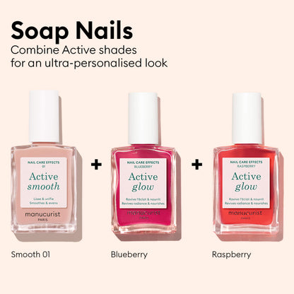 Three nail polish bottles labeled Smooth 01, Blueberry, and Active™ Glow Raspberry by Manucurist are shown. Text above them reads: Soap Nails—Combine Active shades for an ultra-personalized look with plant-based formulas that support nail nourishment and care.