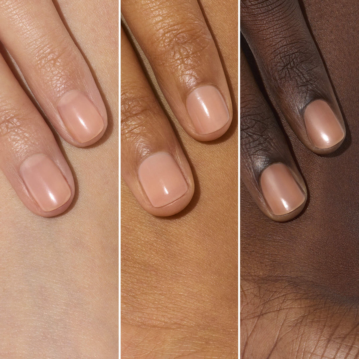 Three hands of different skin tones, each with short, neatly manicured nails painted in the glossy nude shade “Active™ Smooth 02” by Manucurist, are displayed side by side on a plain background, emphasizing the importance of nail care and subtle elegance.