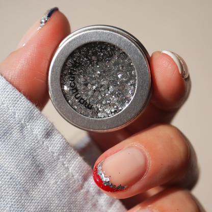 Une main avec un nail art à paillettes rouges et argentées tient le Trio Red, White &amp; Blue de Manucurist, avec des fards à paupières rouge, blanc et bleu pour un look vibrant.