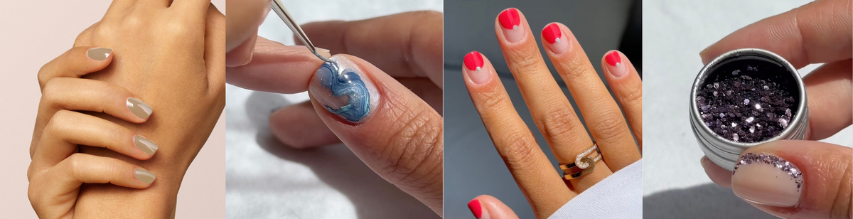A collage of four images showing different nail art styles: nude nails, a hand painting blue and white swirls on a nail, pink-tipped nails, and a hand holding purple glitter beside nails decorated with glitter.