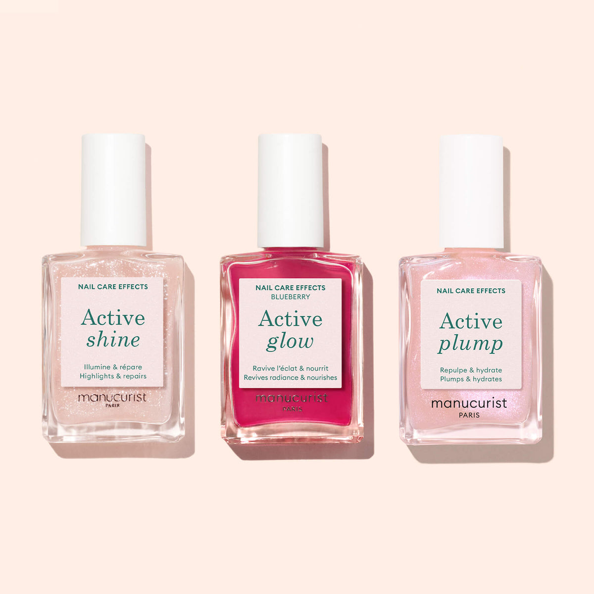Three bottles of Manucurist Active™ Shine Opal plant-based nail care polish, each designed to deliver unique nail strengthening and care benefits with their distinct shades—Active Shine, Active Glow, and Active Plump—are arranged side by side on a light background.