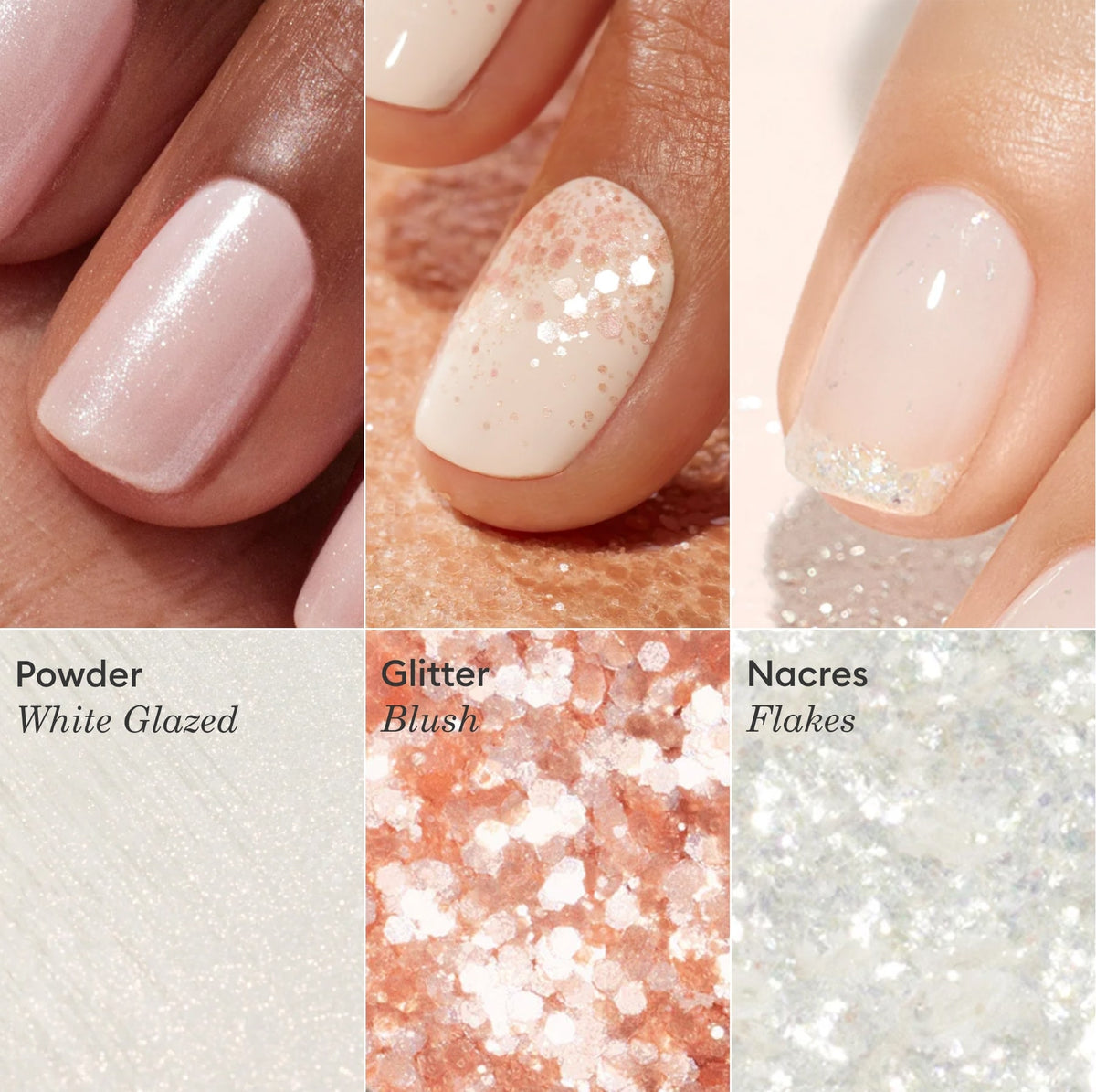 Trois gros plans montrent des ongles manucurés avec les trios Paillettes et Poudres à Effets Manucurist : un vernis gel blanc nacré, une poudre à paillettes blush et des écailles nacrées. Sous chaque ongle figurent les paillettes, poudres et écailles correspondantes en détail.