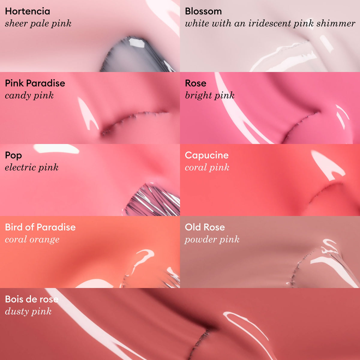 A grid of Manucurist gel polish swatches in shimmering pink and coral orange shades, each labeled: Hortencia, Blossom, Pink Paradise, Rose, Pop, Capucine, Bird of Paradise, Old Rose, and Bois de rose.