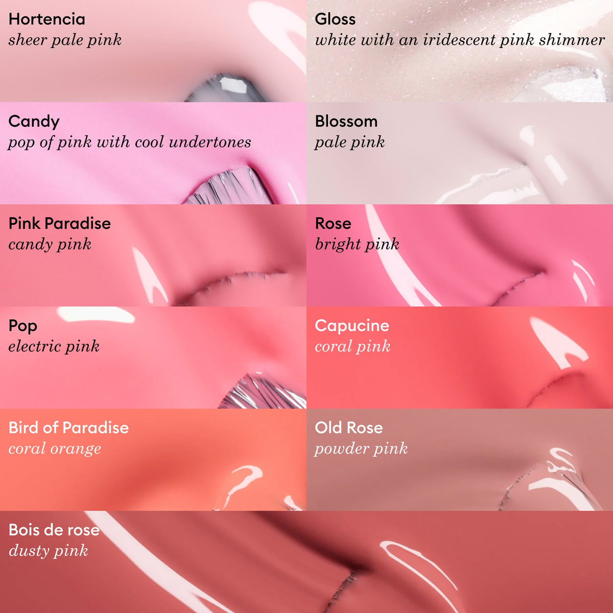 Image of ten Manucurist Green™ nail polish swatches, including "Bird of Paradise," featuring sheer pale pink, shimmering pink, coral orange, and dusty rose shades—each labeled with its name and description.