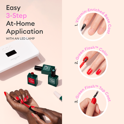 A person uses Manucurist’s Green Flash™ Base Top Remover Trio with an LED lamp in a three-step at-home process. Three Manucurist bottles and the lamp are displayed on a light pink surface.