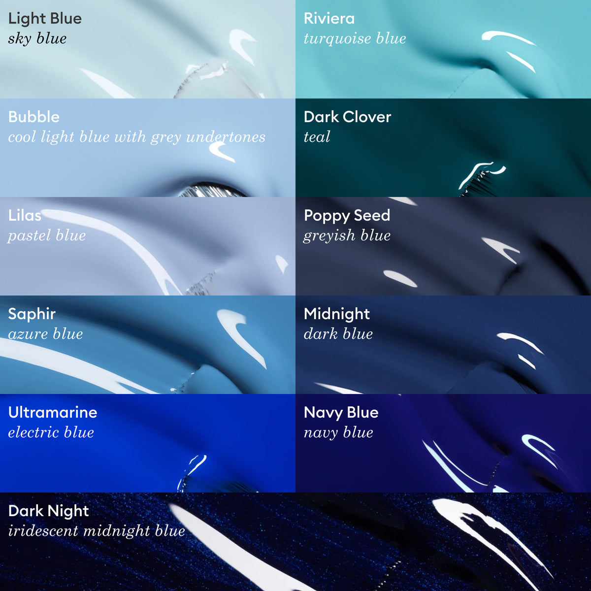 A chart displays 11 Manucurist Bubble blue nail polish shades, each labeled with its name and description, featuring light blue LED Gel polish, deep navy hues, electric blue finishes, iridescent midnight tones, and subtle grey undertones.
