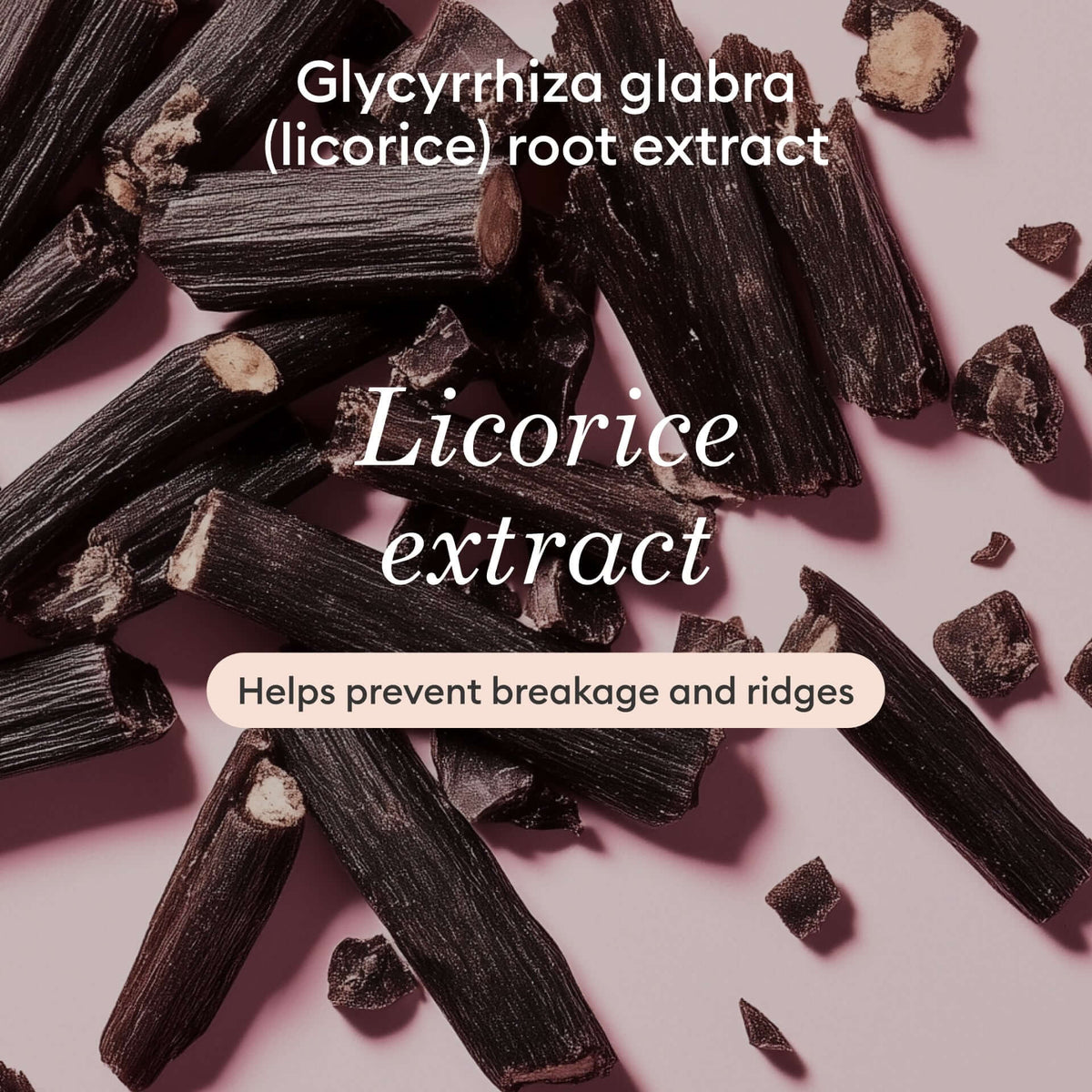 Close-up of licorice root pieces on a pink background, with text: Glycyrrhiza glabra (licorice) root extract, Licorice extract, and Helps prevent breakage and ridges.