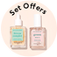 Two glass dropper bottles of skincare serum labeled serum complex and green serum are displayed side by side under the text Set Offers on a light background.