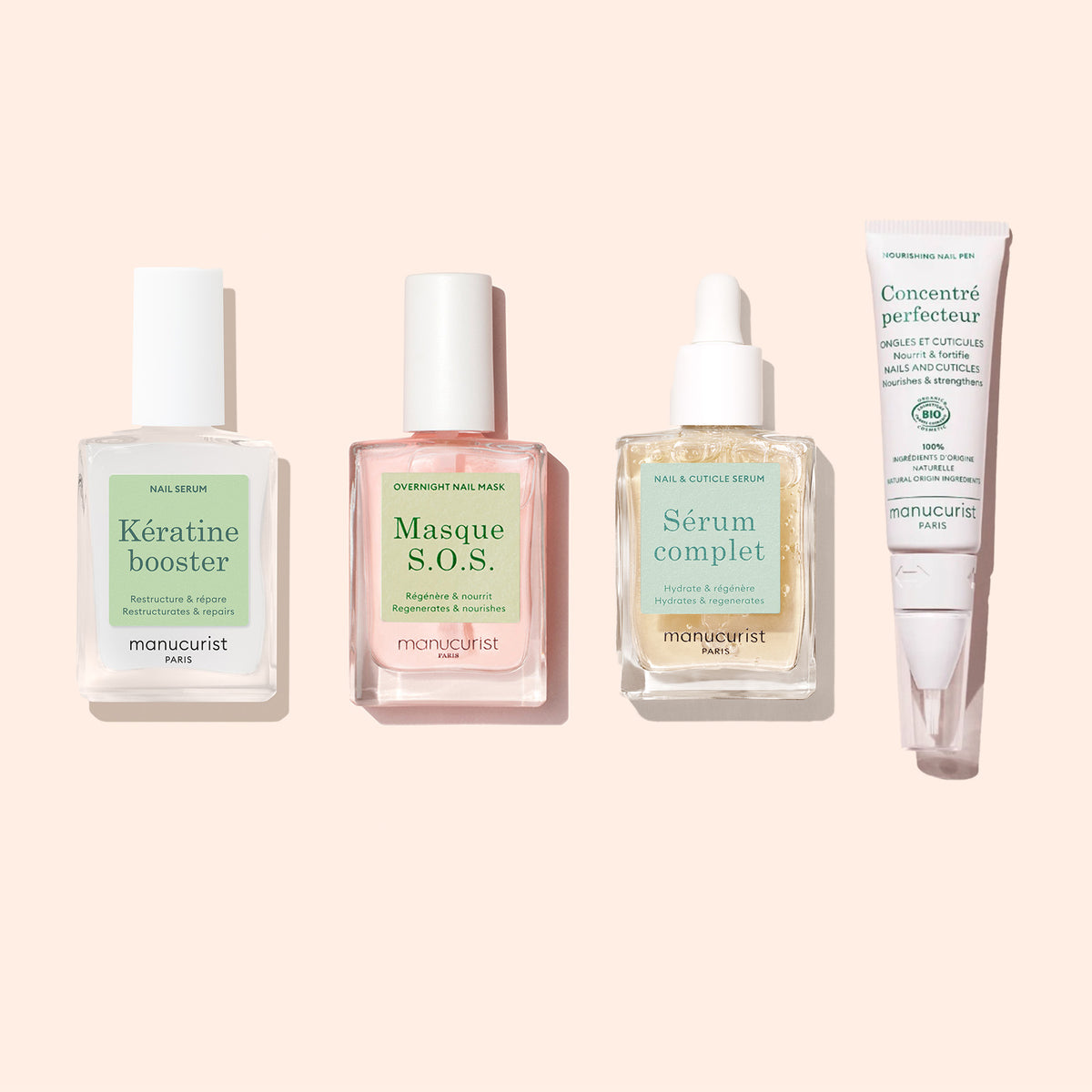 Day  Night Duo by Manucurist: two luxurious manicure treatments presented on a light beige background, representing premium nail care from the esteemed Parisian brand.