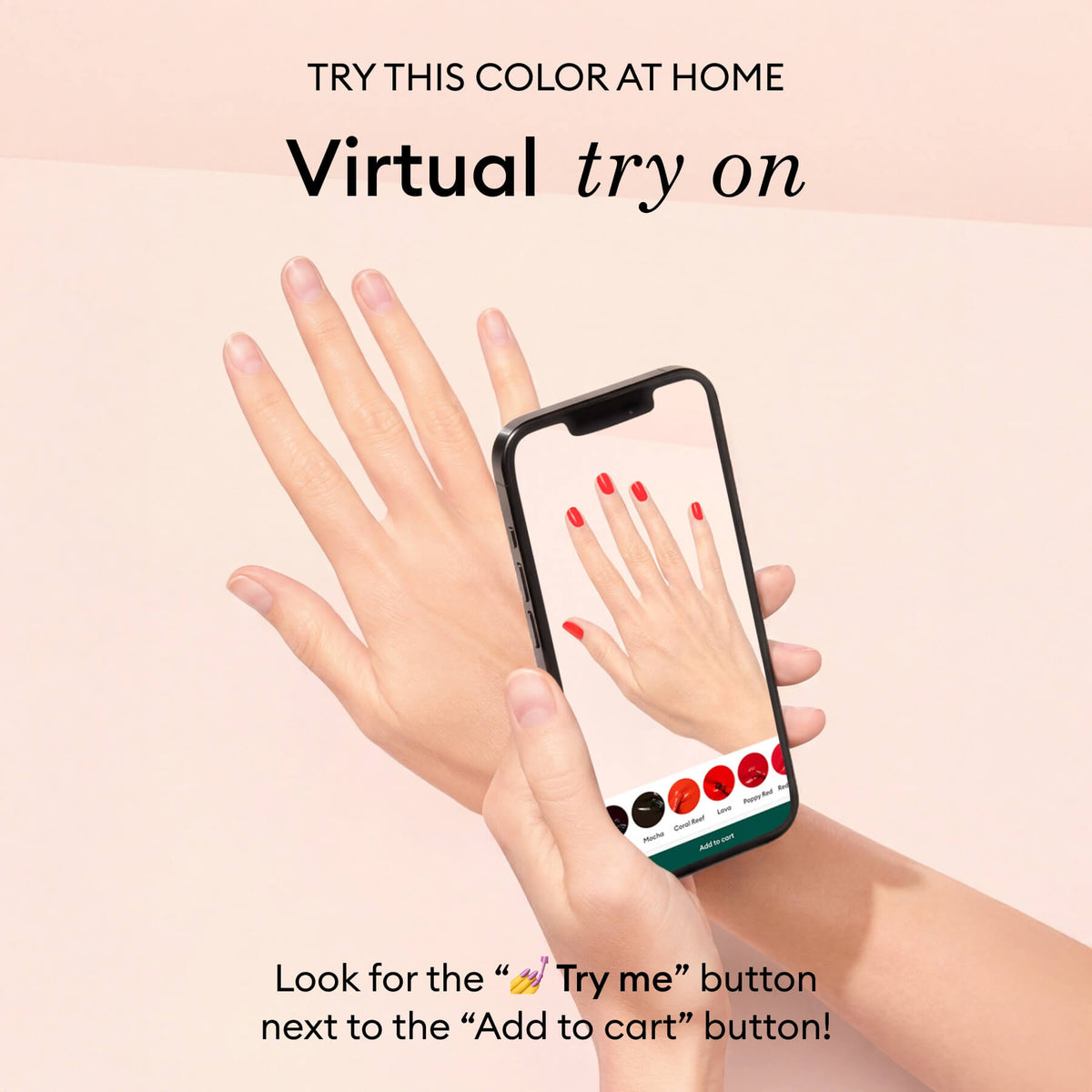 A person holds a smartphone with a virtual try-on app showing their hand wearing Manucurist’s Mimosa pastel yellow gel polish. The light pink background features text promoting the virtual try-on for Mimosa and other shades.