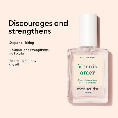 A bottle of Manucurist Bitter Polish is shown on a pale pink background with text: Discourages nail biting, helps stop the habit, restores and strengthens nails, and promotes healthy nail growth.