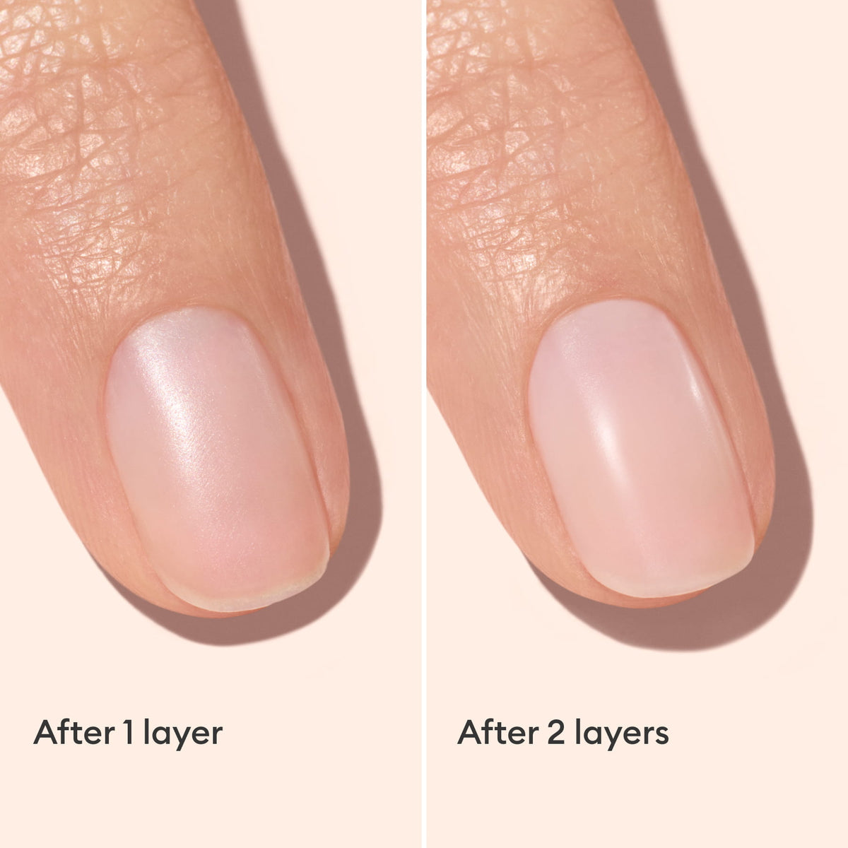 Close-up of a fingernail with sheer pink nail polish, shown with one layer on the left and two layers on the right. The nail appears glossier and more opaque after two layers. Text reads: “After 1 layer” and “After 2 layers.”.