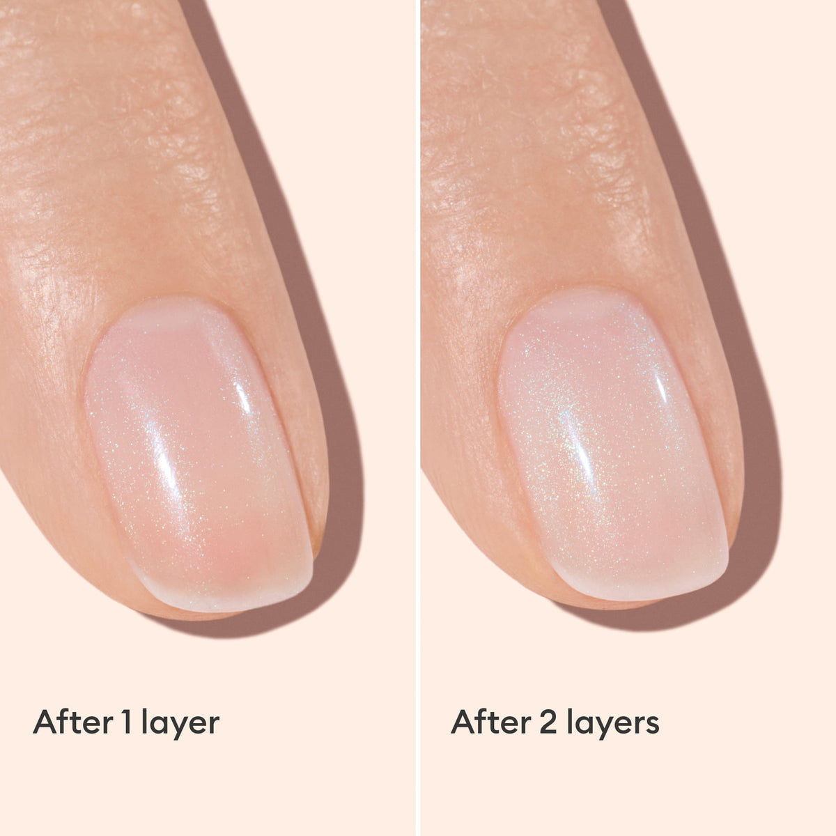 A close-up of a fingernail with sheer pink polish shown after 1 layer on the left and 2 layers on the right, labeled After 1 layer and After 2 layers..