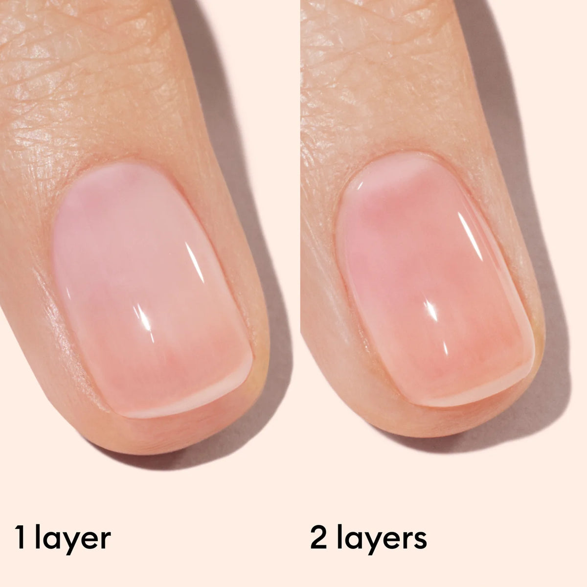 Close-up of a fingernail showing a comparison: the left side has one layer of pink nail polish, and the right side has two layers, making the color appear slightly darker and more opaque. Text reads “1 layer” and “2 layers.”.
